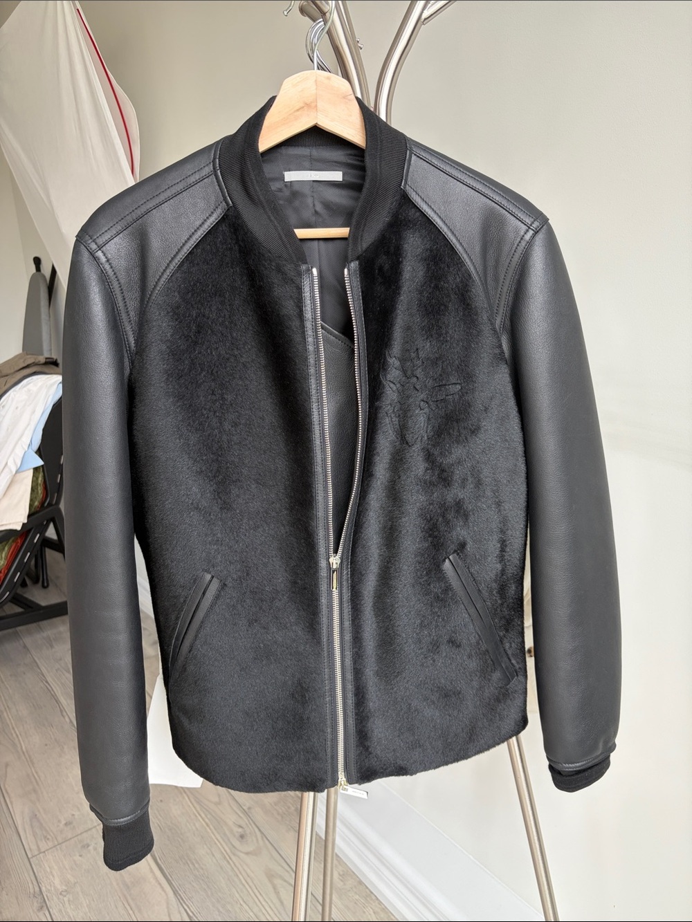 Dior Homme Men's Black Bomber Jacket with Leather Sleeves, lambskin fur